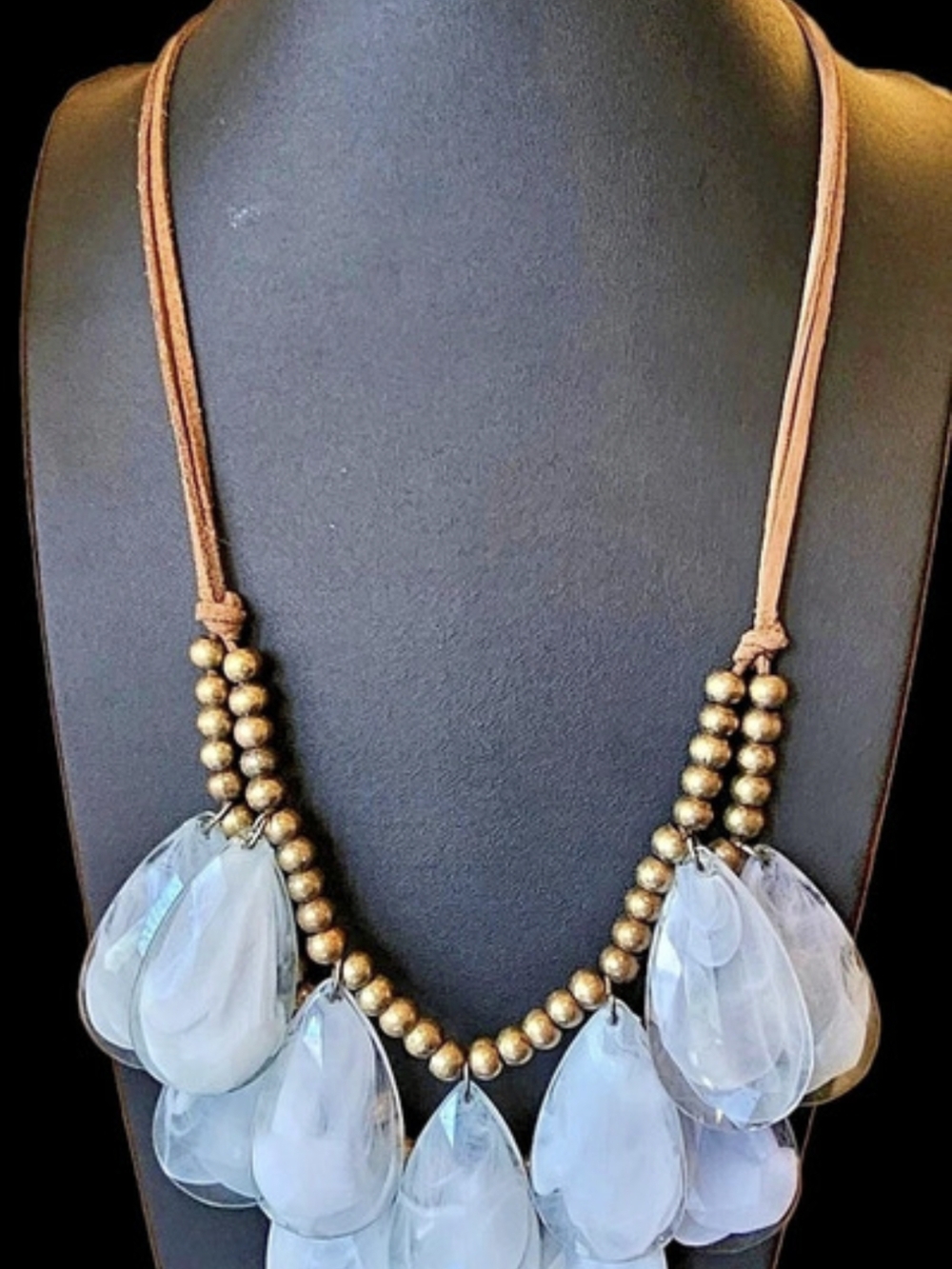 Joan River's Chunky Green Quartz Like Stones W/ Bronze Beaded & Leather Necklace